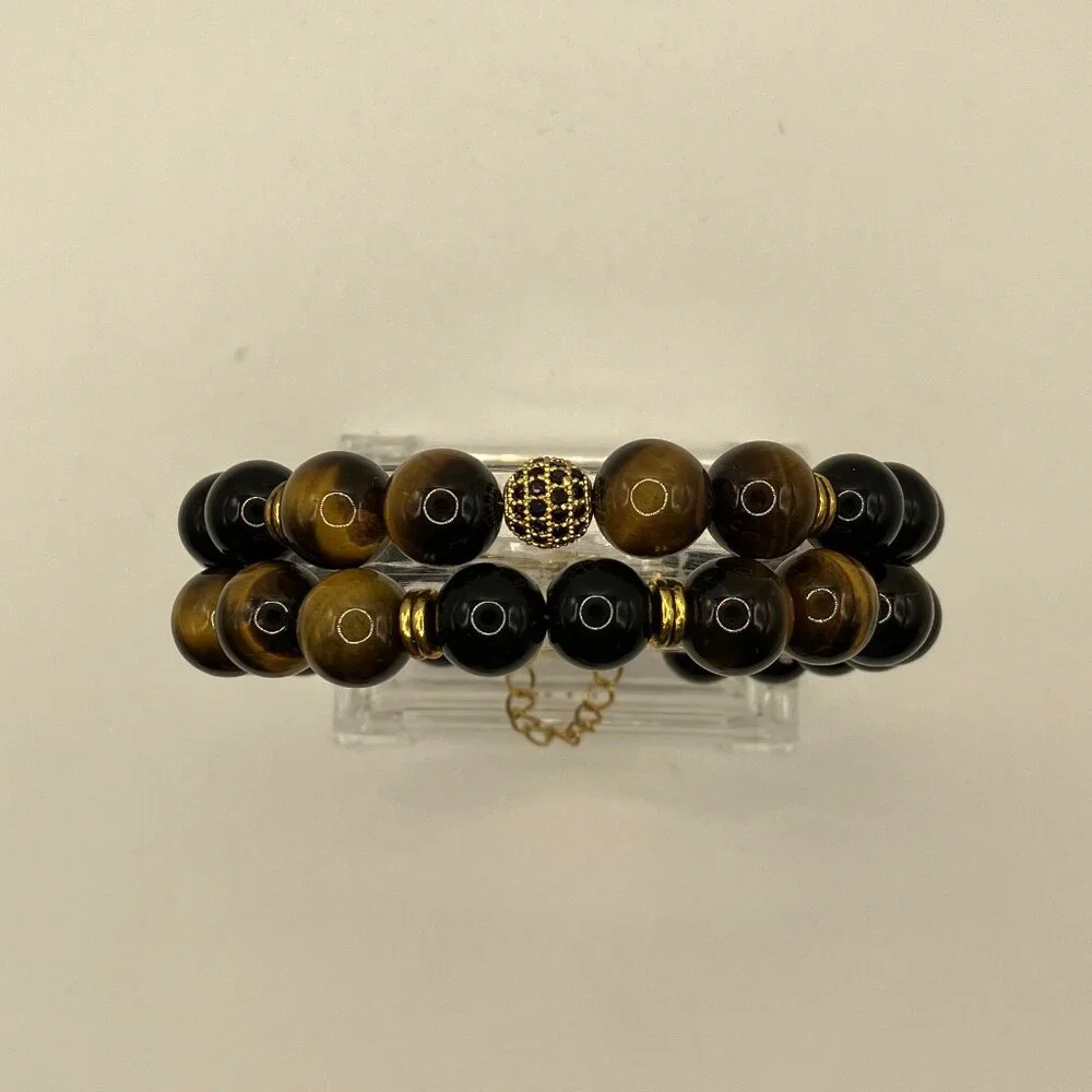Tiger Eye Cubic Zirconia + Black Agate Gemstone 2-strand Bracelet Brand New